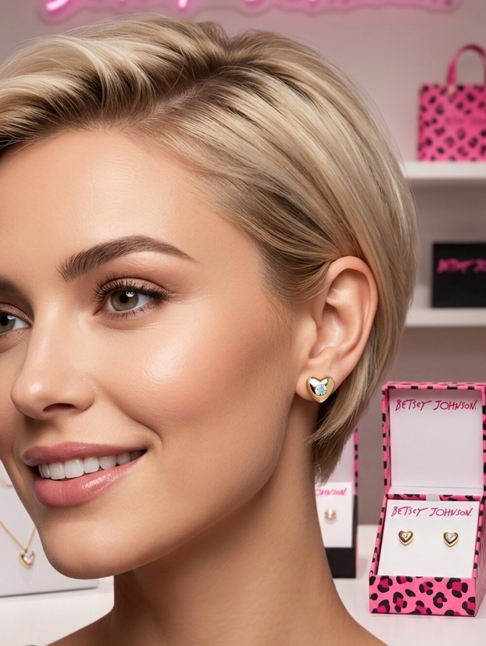 Betsey Johnson Gold Heart Stud Earrings with Iridescent AB Crystal Accent NWT